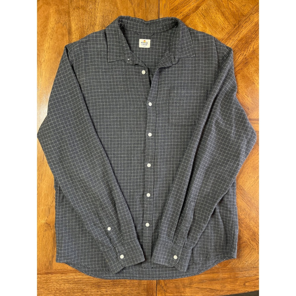 Marine Layer Button Down Shirt Charcoal Grey Windowpane Flannel Cotton Large